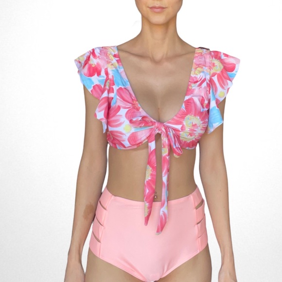 NEW ♡ ROSA BLUSH Floral Ruffle High Waisted Bikini SET - Picture 3 of 5